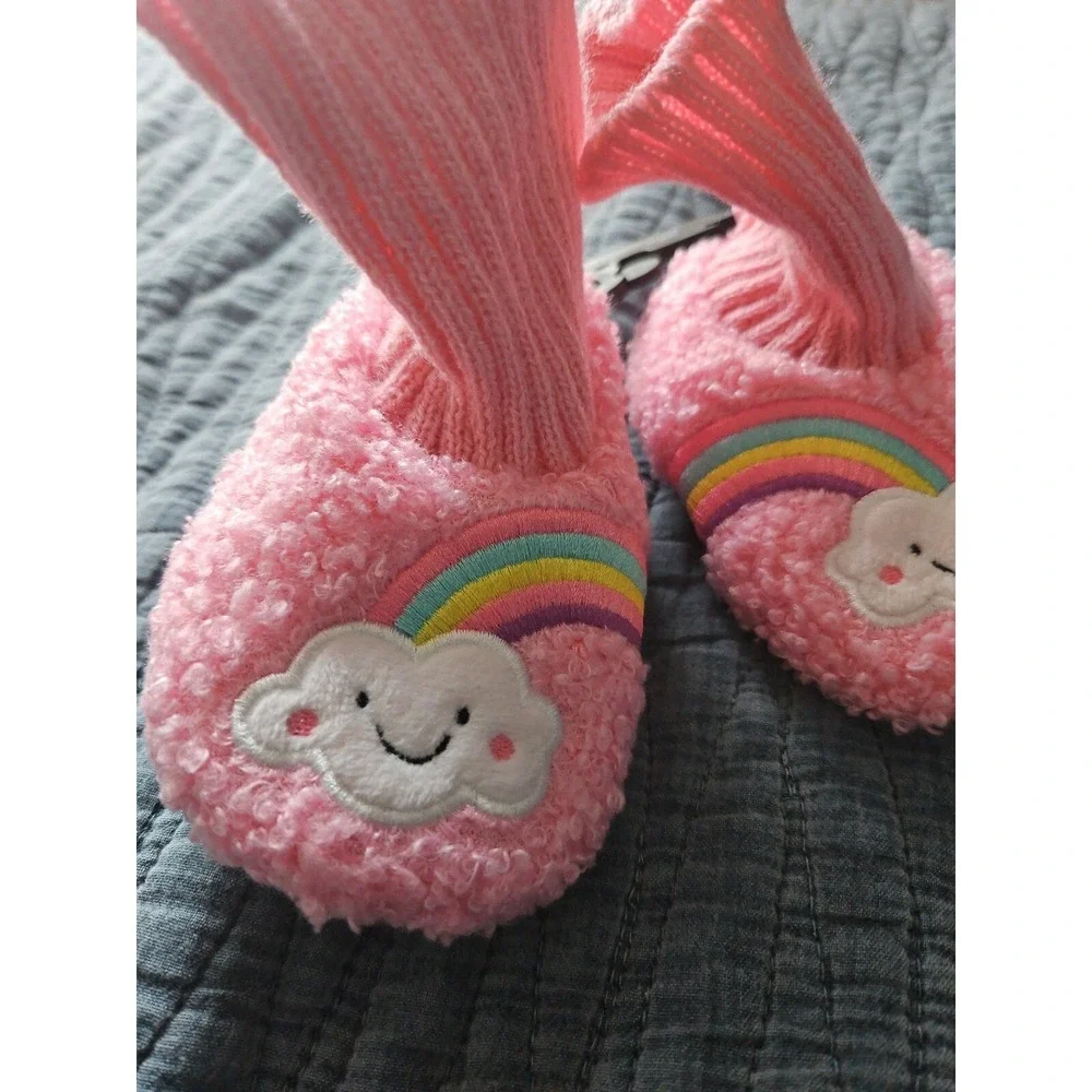 Wonder Nation Rainbow Cloud Slippers Booties Fuzzy Pink Girls Baby Size 3